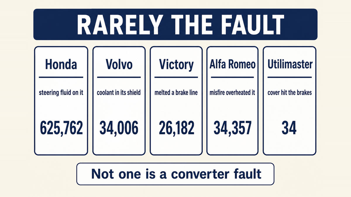 Five federal campaigns in which the catalytic converter was involved but not at fault: power steering fluid reaching it on 625,762 Hondas, coolant collecting in its heat shield on 34,006 Volvos, a melted rear brake line on 26,182 motorcycles, a misfire overheating it on 34,357 Alfa Romeos, and a theft deterrent cover damaging brake lines on 34 vans