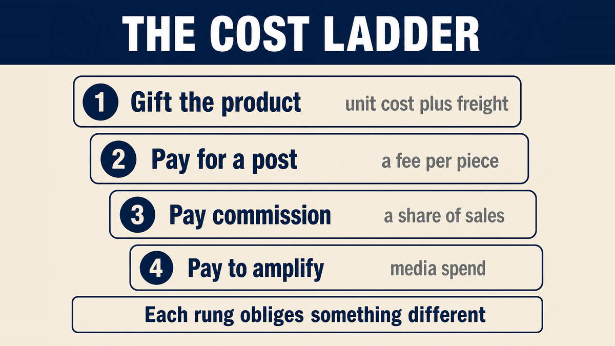 Four rungs of influencer collaboration compared: gifting a product, paying for a post, paying commission on sales, and paying to amplify existing content