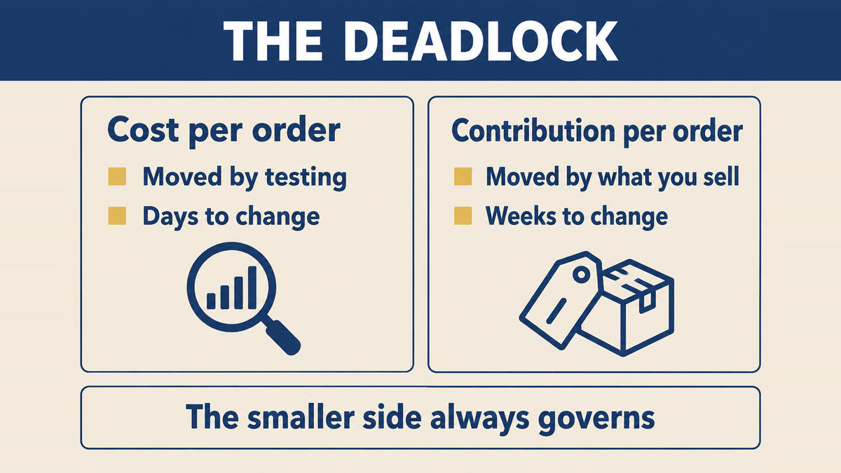 Two figures on one line: the cost of acquiring one order set against what one order contributes after product cost, freight, fees and returns