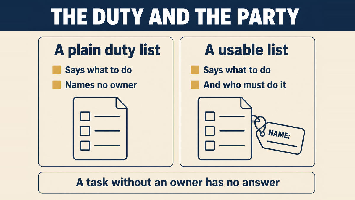 A duty list compared with a usable one: each task set against the role the obligation attaches to and the point at which it becomes the seller's