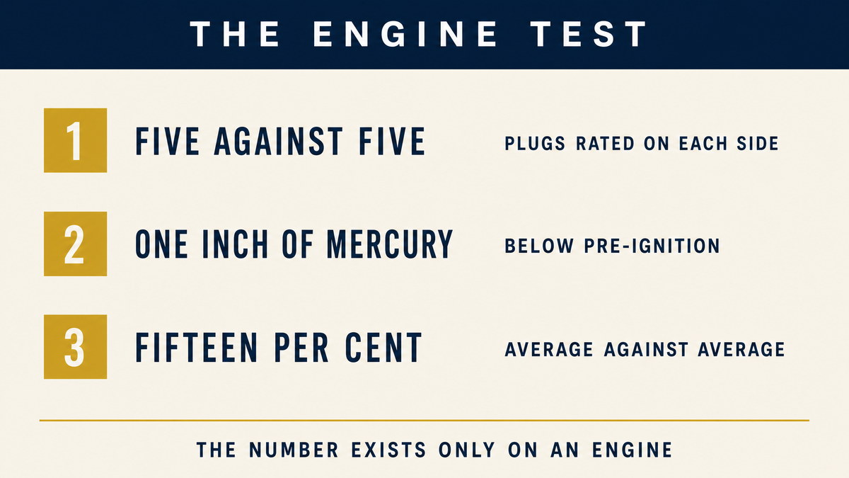 An infographic showing the spark plug heat rating comparison, five replacements and five originals rated on an SAE 17.6 engine, averaged and required to fall within fifteen per cent of each other, measured one inch of mercury below pre-ignition