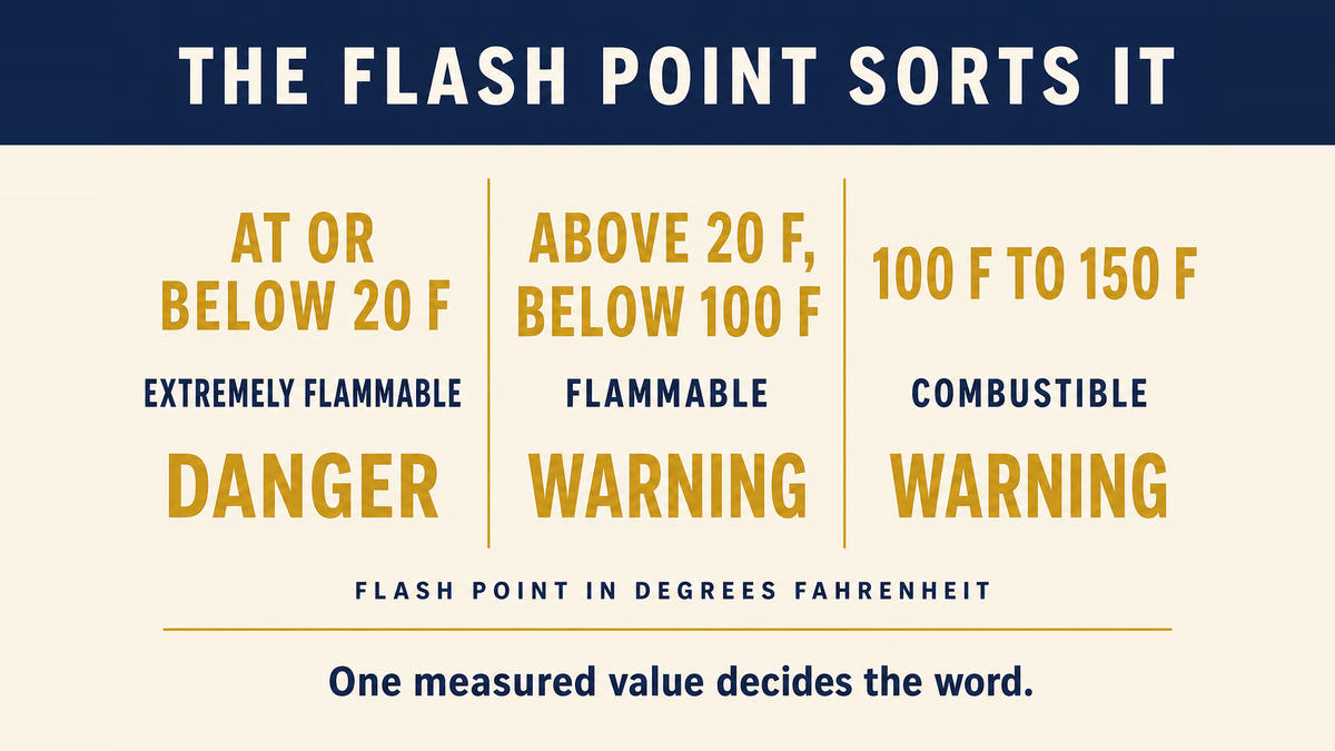 A three column infographic titled The Flash Point Sorts It showing above 20 F as extremely flammable with the signal word danger, 20 F to 100 F as flammable with the signal word warning, and 100 F to 150 F as combustible with the signal word warning