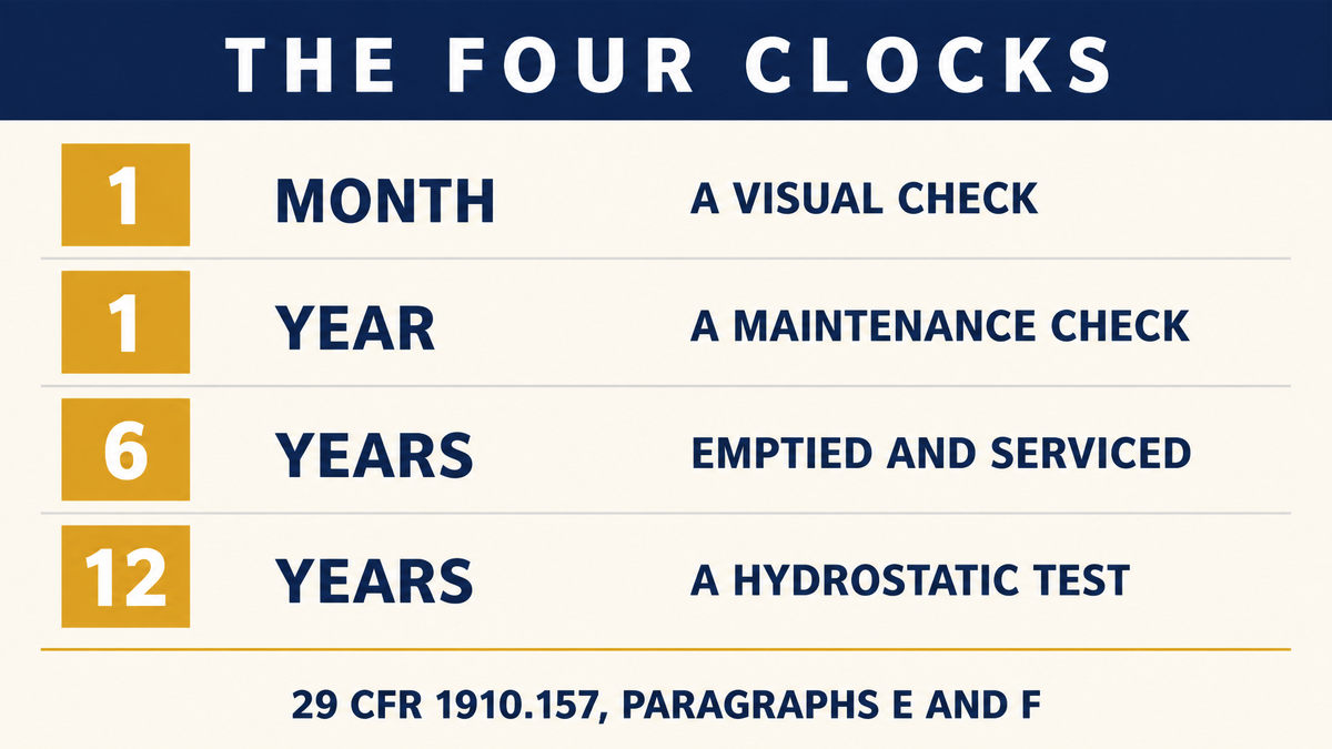 An infographic titled The Four Clocks showing a monthly visual check, an annual maintenance check, a six year empty and service and a twelve year hydrostatic test, above the citation 29 CFR 1910.157 paragraphs E and F