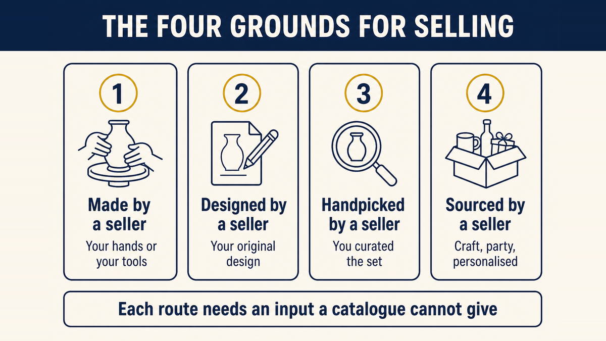 Four cards setting out the grounds on which an item may be sold: made by, designed by, handpicked by and sourced by a seller, each with the input it requires from the seller