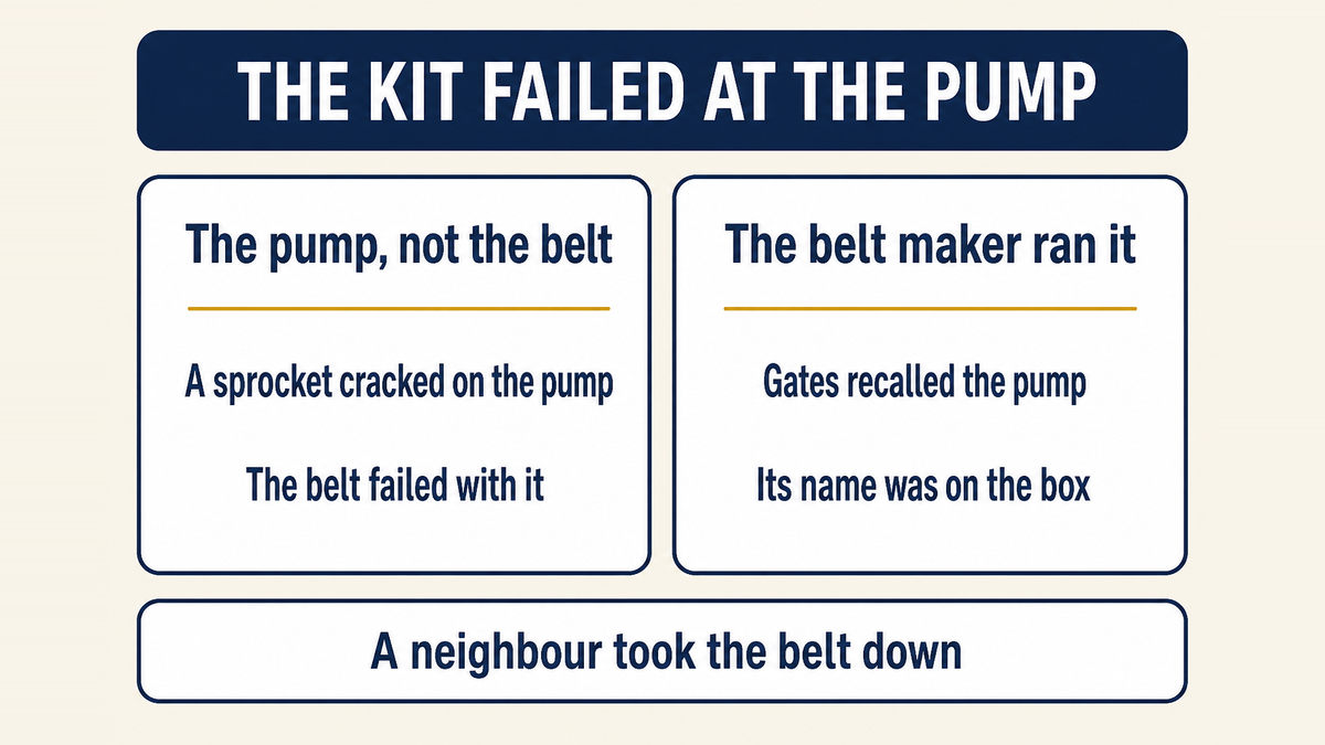 Two panels showing the two federal campaigns that name a timing belt: a water pump whose pulley or sprocket developed microfractures and caused the timing belt to fail, recalled by the belt manufacturer, and a Honda campaign where belt teeth separated on 93,946 vehicles and the engine had to be inspected afterwards