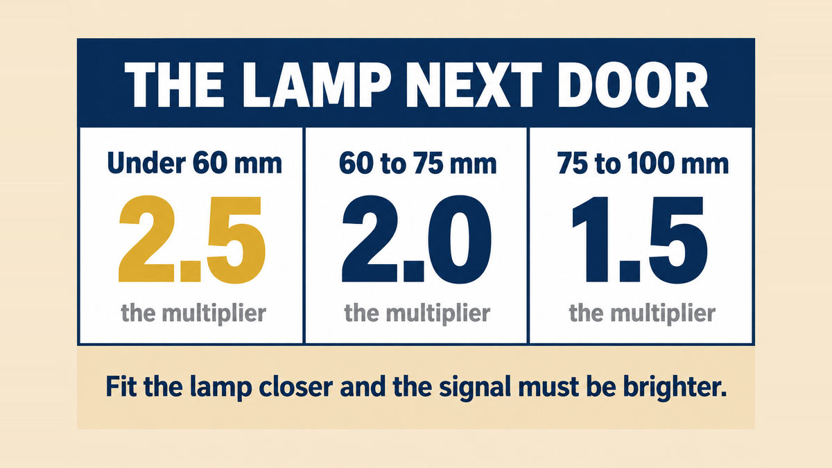 A three column infographic titled The Lamp Next Door showing a multiplier of 2.5 for a gap under 60 millimetres, 2.0 for a gap of 60 to 75 millimetres, and 1.5 for a gap of 75 to 100 millimetres