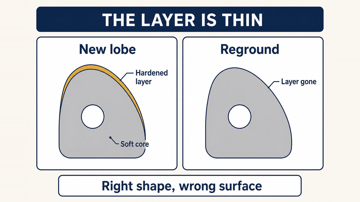 Lobe hardness exists in a shallow layer at the rubbing surface, and regrinding to restore the profile can cut through that layer unless the shaft is re-hardened afterwards