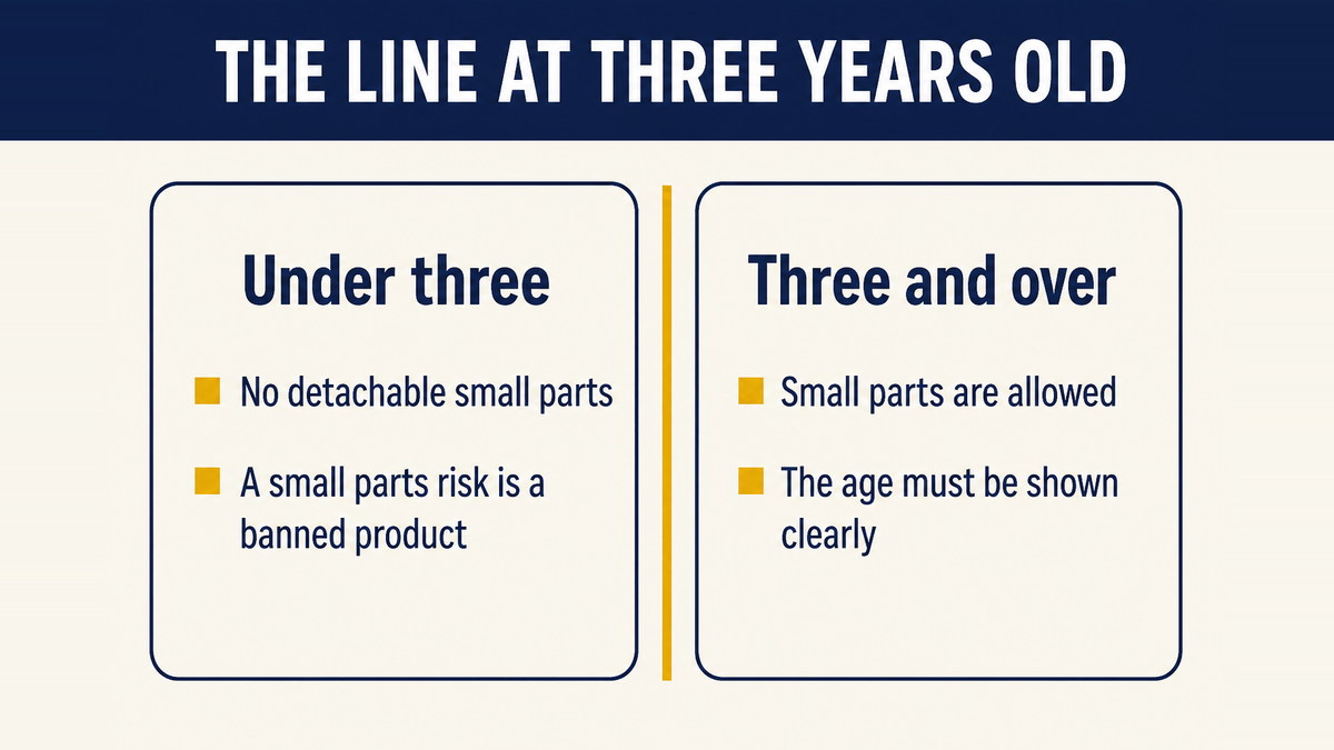 The line at three years old, showing that the same toy is lawful above the line and a banned hazardous substance below it