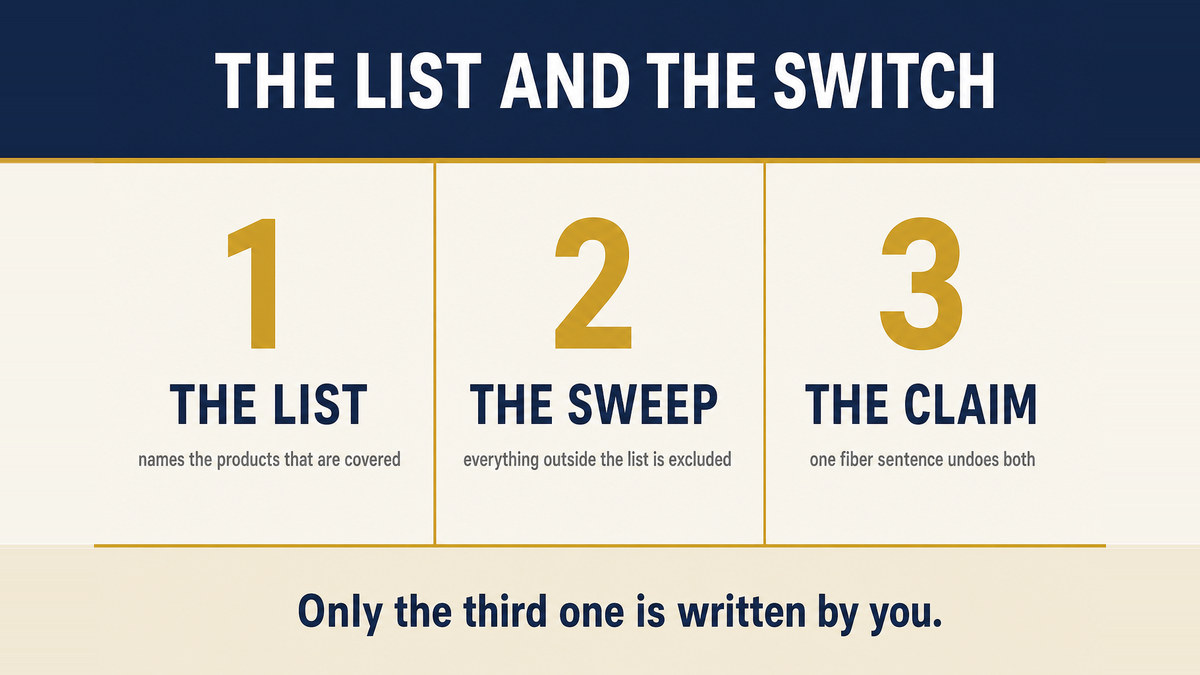 A three panel infographic titled The List and the Switch showing that covered products are enumerated, everything else is excluded, and a fiber content claim lifts the exclusion