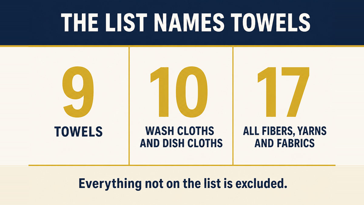 A three column infographic titled The List Names Towels showing item 9 Towels, item 10 Wash cloths and dish cloths, and item 17 All fibers, yarns and fabrics