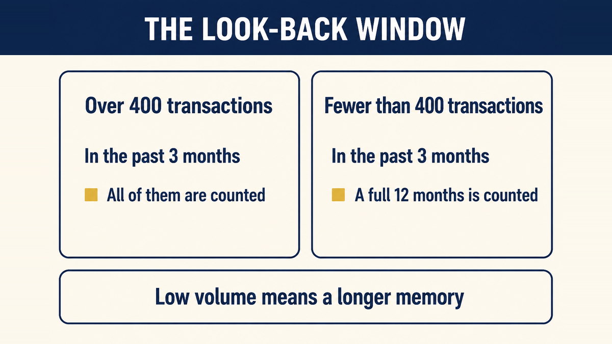 A monthly evaluation point with a look-back window that stretches to twelve months for lower-volume sellers