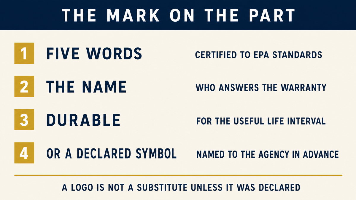An infographic showing what a certified replacement part must carry, the words certified to EPA standards, the name of the party answerable for warranty, both durable for the useful life interval, or a unique symbol that has been declared to the agency in advance