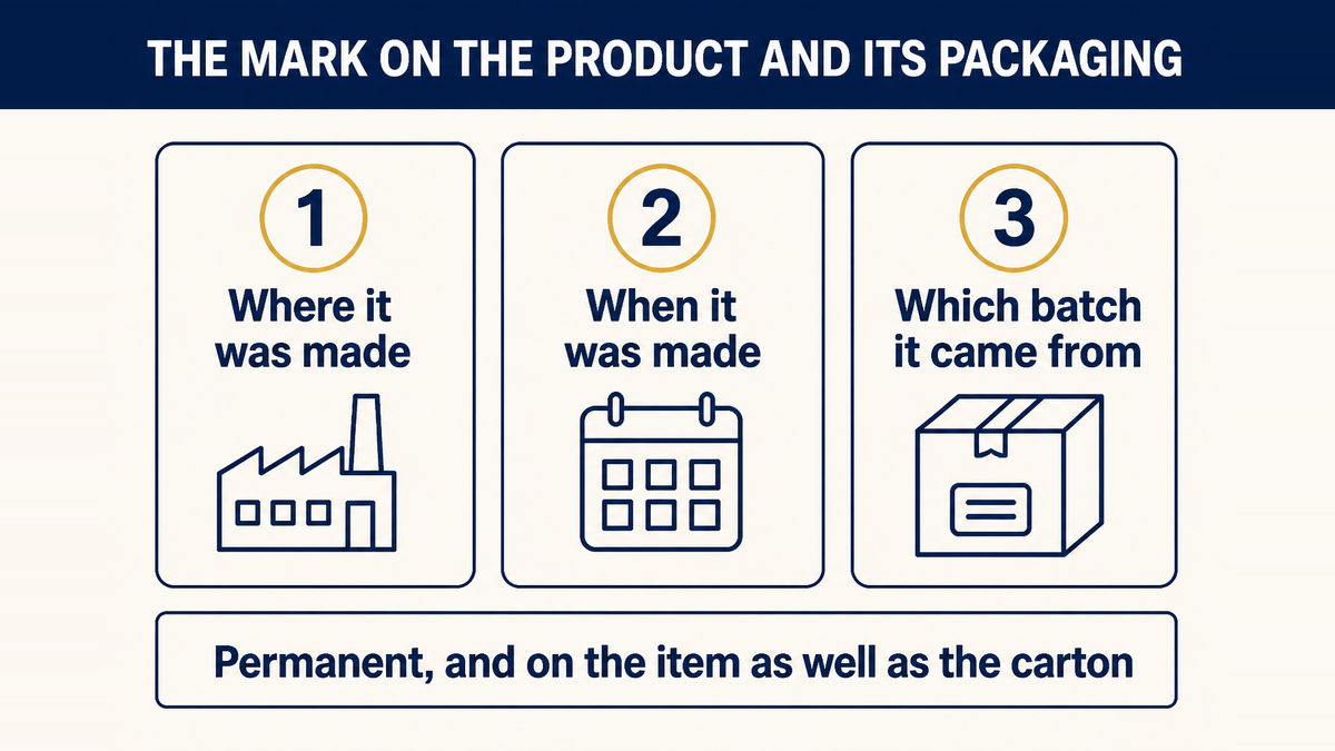 A permanent identifying mark placed on the toy itself and on its packaging, recording production location, date and batch