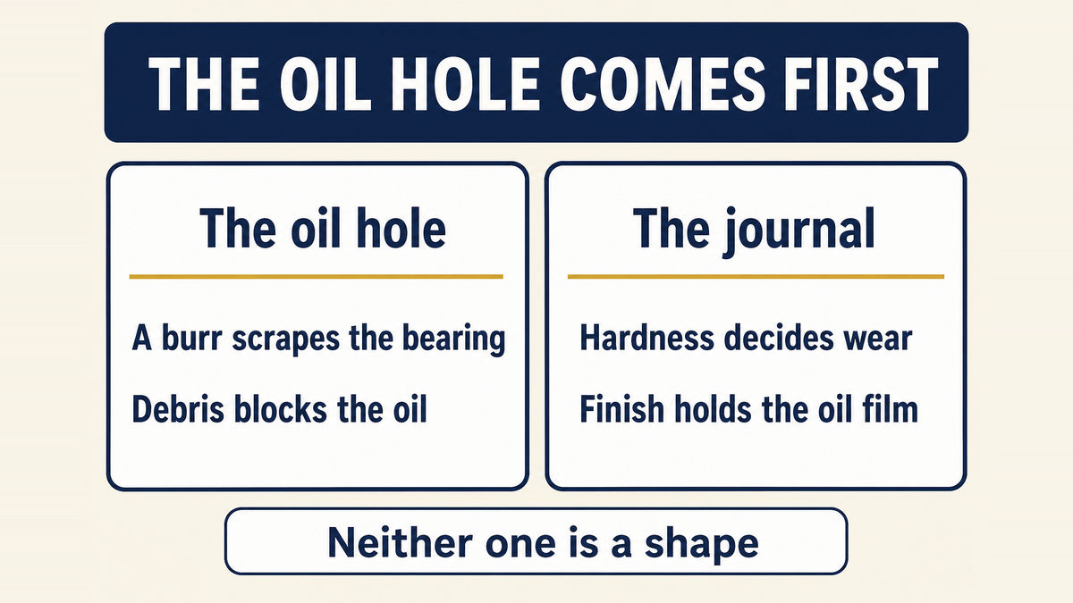 Two process disciplines decide a crankshaft: the oil hole, where a burr or debris at the exit on the bearing surface restricts oil flow and damages the connecting rod bearing, and the journal, where surface hardness and finish decide how the bearing surface wears