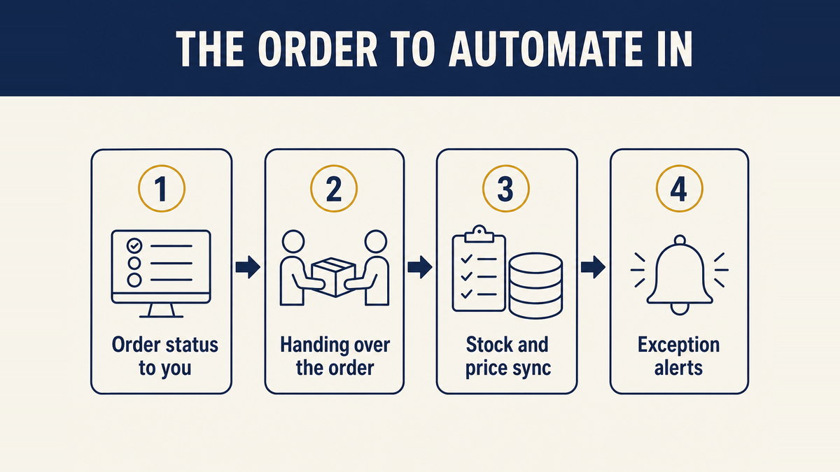 Four steps in order: order status to you, handing over the order, stock and price sync, then exception alerts