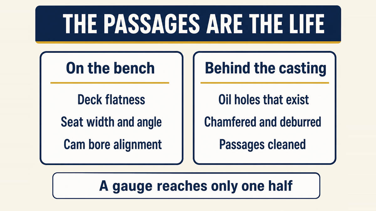 Two halves of a cylinder head specification: the visible work of deck flatness, valve seats and cam bores, and the invisible work of oil holes that must exist, be the right size, be chamfered, be deburred and have a clean passage behind them