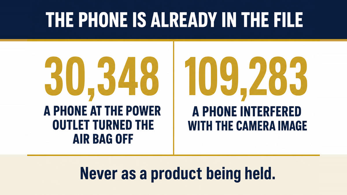 A two column infographic titled The Phone Is Already in the File showing a Subaru occupant detection campaign affecting 30348 vehicles and a Lincoln Aviator camera interference campaign affecting 109283 vehicles