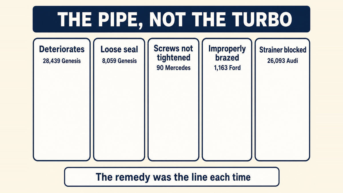 Five turbocharger oil supply failures by cause: a feed pipe that deteriorates on 28,439 Genesis vehicles, a loose seal on 8,059, screws that were not tightened on 90 Mercedes-Benz vehicles, improperly brazed tubes on 1,163 Fords, and a blocked oil strainer on 26,093 Audis