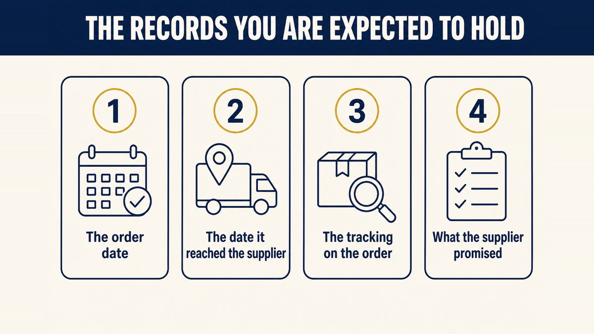 Four records: the order date, the date passed to the supplier, the tracking number on the order, and the supplier's promised turnaround