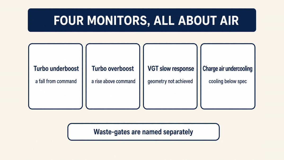 The four turbocharger malfunctions that a heavy-duty onboard diagnostics rule requires to be monitored: turbo underboost, turbo overboost, variable geometry turbo slow response, and charge air undercooling, with turbocharger wastegates named separately as a monitored component