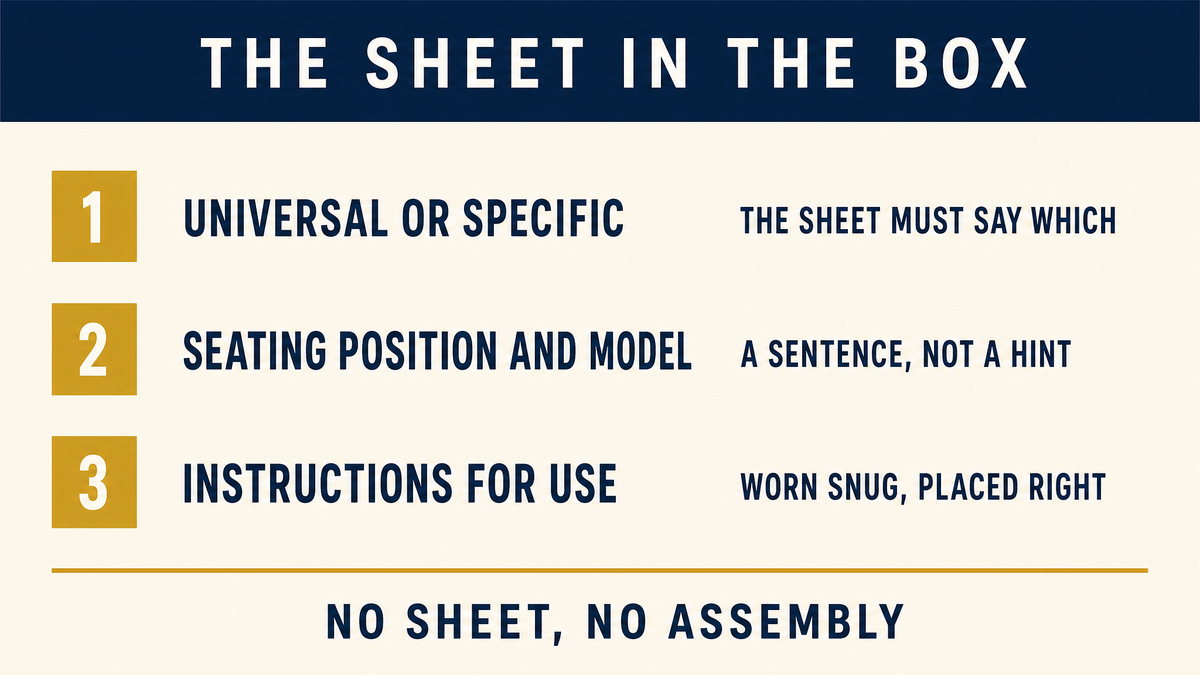 Two documents in a seat belt carton: the installation sheet saying universal or vehicle-specific, and the written instructions for use