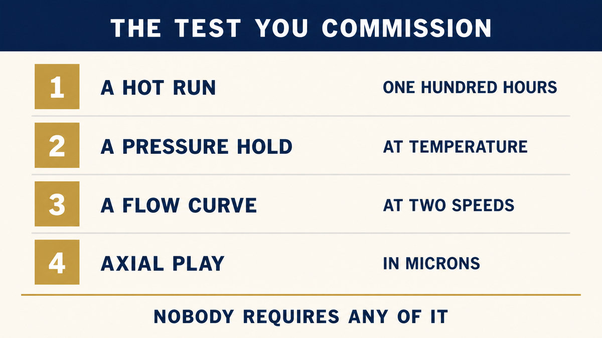 An infographic titled The Test You Commission showing a hundred hour hot run, a pressure hold at temperature, a flow curve at two speeds and axial play in microns, captioned that nobody requires the test