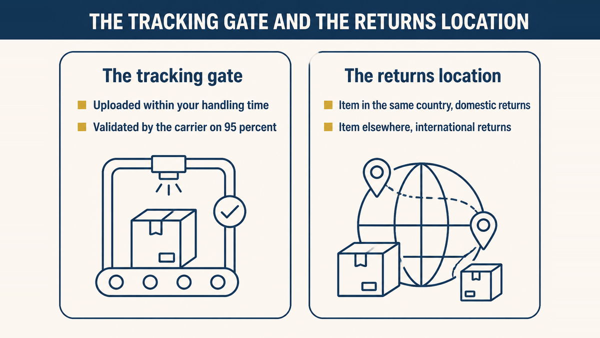 The tracking gate requires 95 percent of orders scanned within handling time, and the returns requirement depends on where the item physically sits