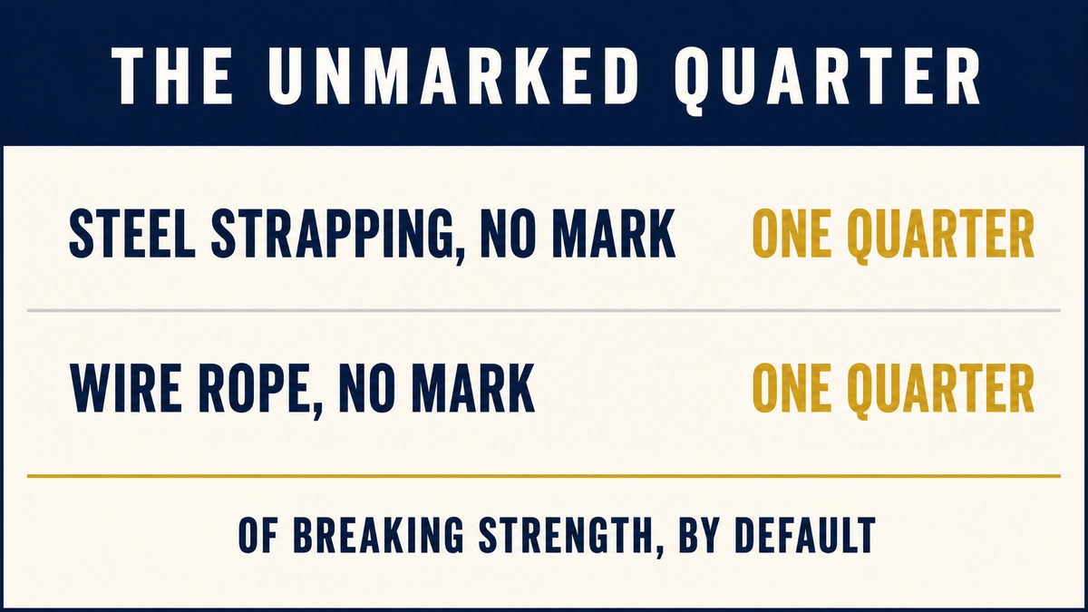 An infographic titled The Unmarked Quarter showing that unmarked steel strapping and unmarked wire rope are both counted at one quarter of breaking strength by default