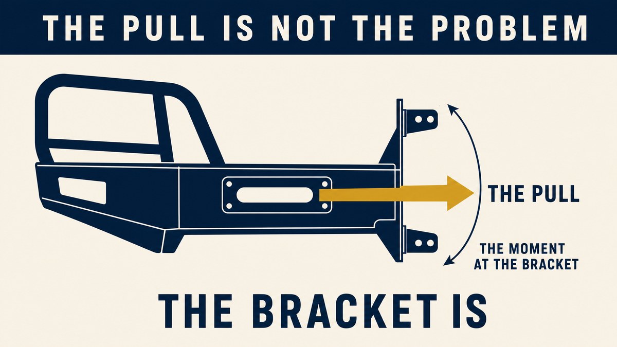 A bull bar with a winch plate, showing the pull arriving as a bending moment at the chassis brackets