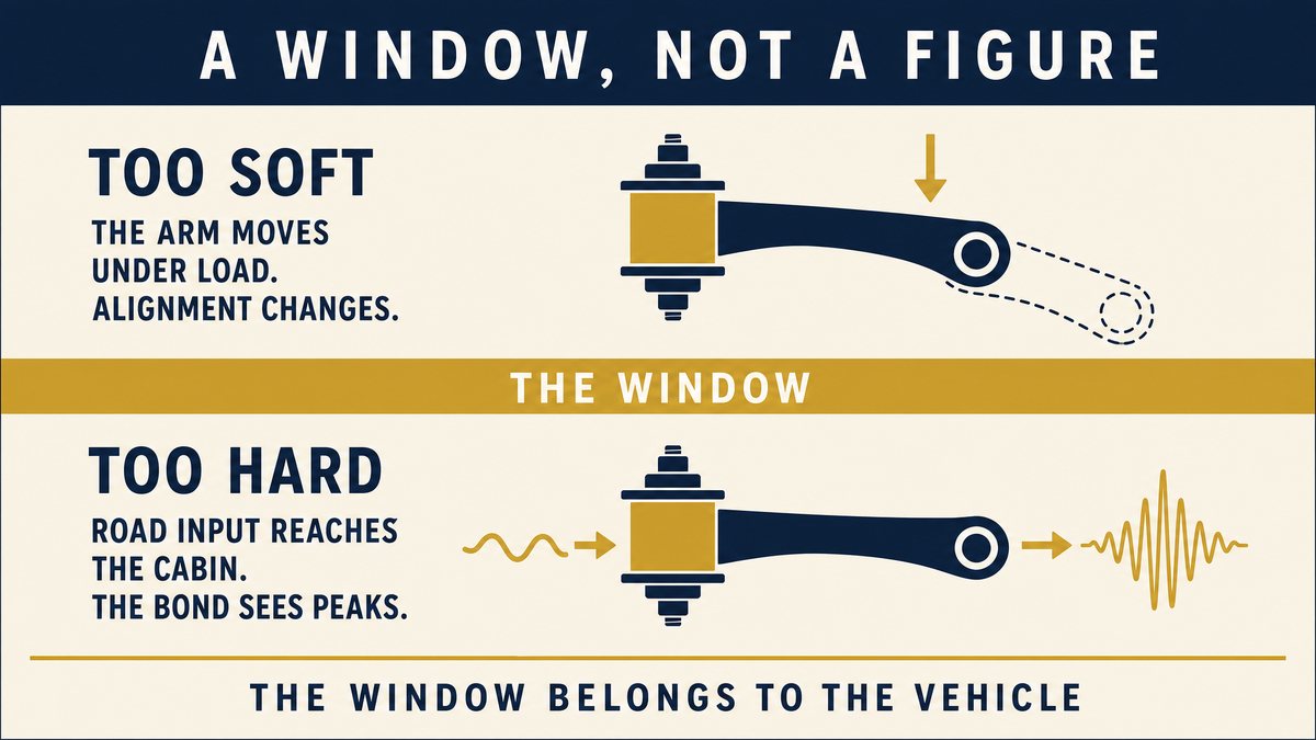 A stiffness window diagram: too soft allows geometry to move under load, too hard transmits road input, the window sits between them