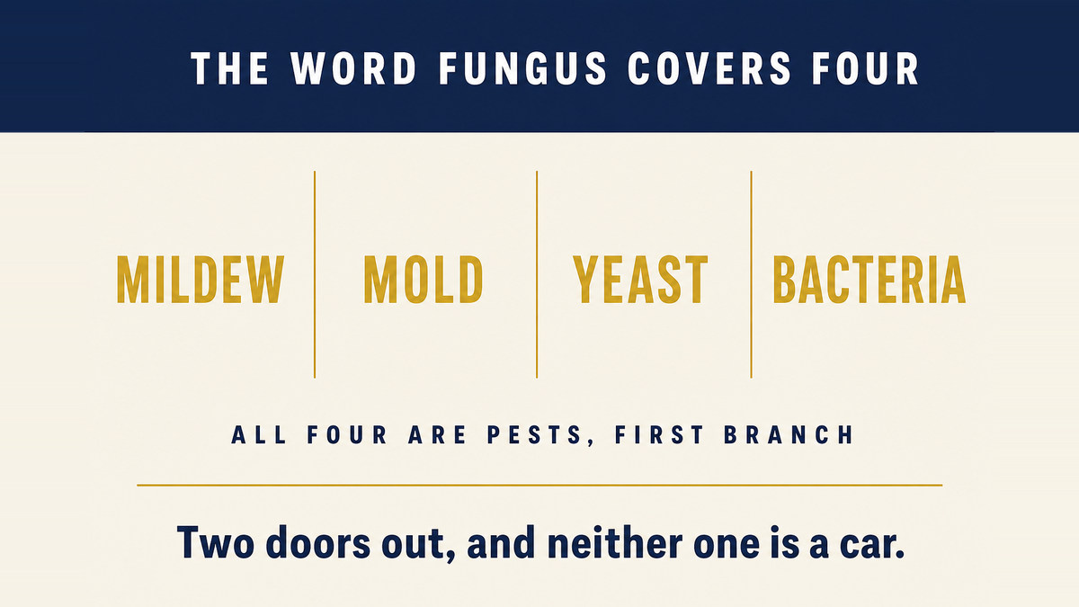 A four column infographic titled The Word Fungus Covers Four showing mildew, mold, yeast and bacteria above a caption reading that all four are pests on the first branch