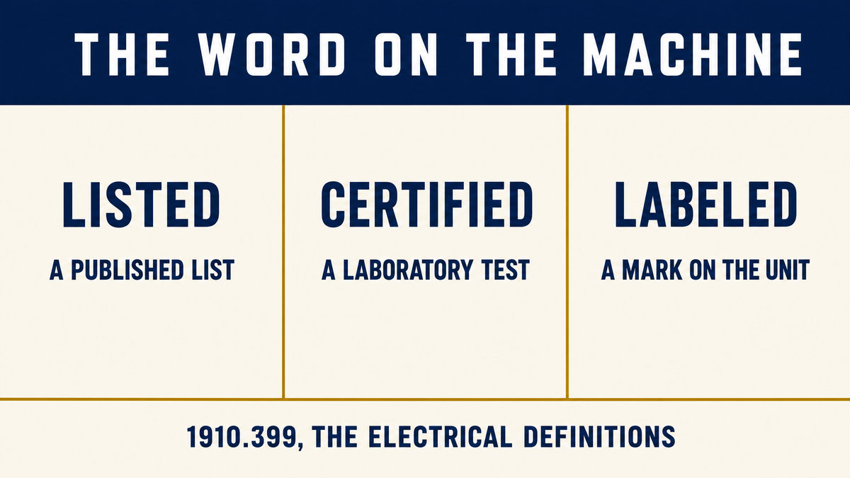 An infographic titled The Word on the Machine showing three columns, listed as a published list, certified as a laboratory test and labeled as a mark on the unit, above the citation 1910.399
