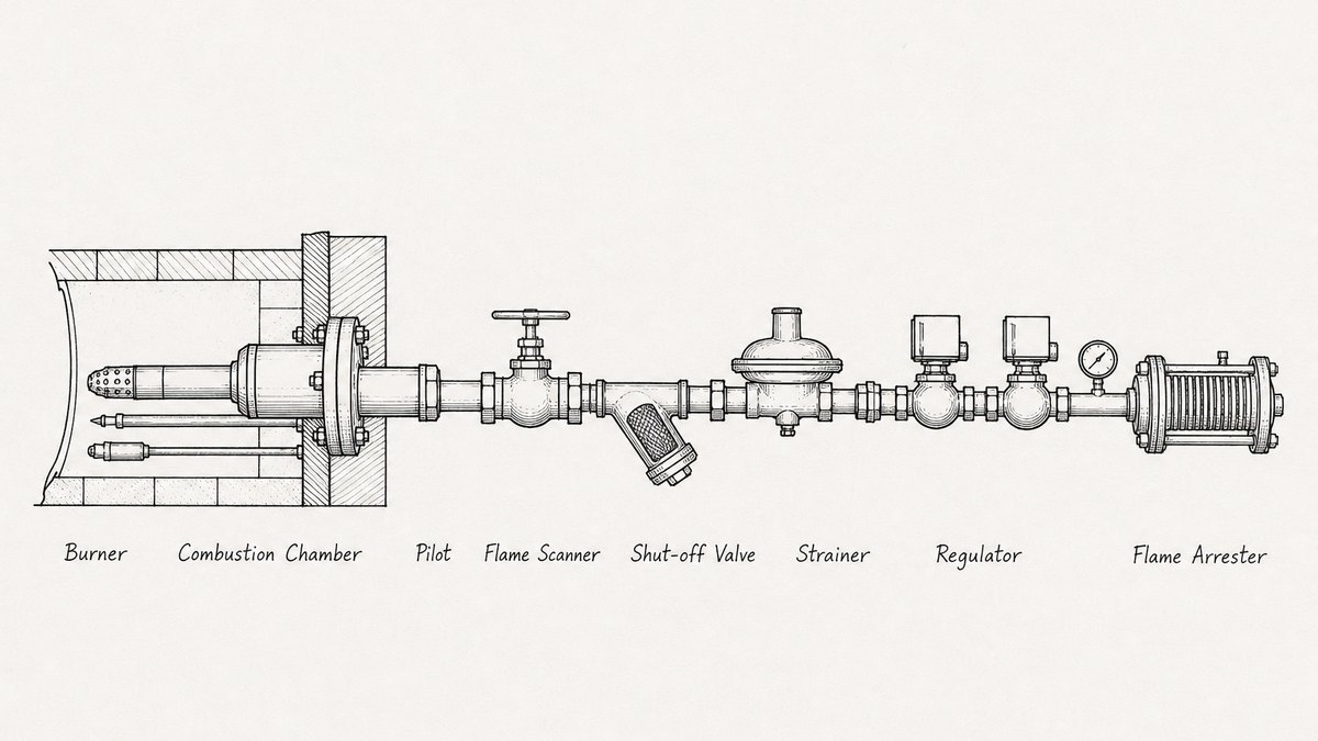 A thermal oxidizer burner and gas train drawn as a pen and ink engineering plate along one baseline: a flanged burner in a refractory lined combustion chamber wall with its gas nozzle, pilot and flame scanner tube, then a gas pipe run carrying a shut-off valve, a strainer, a regulator, two automatic shut-off valves and a pressure gauge, and at the far right a flame arrester holding a bank of parallel plates