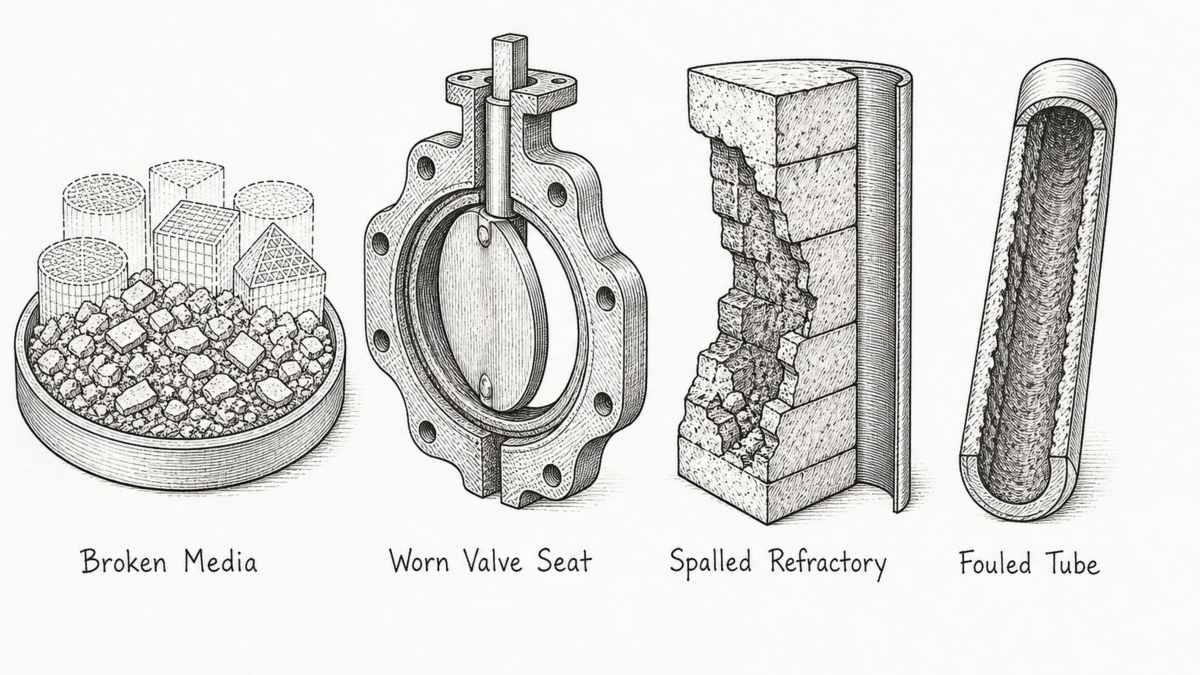 Four failed thermal oxidizer parts drawn as a pen and ink engineering plate: a tray of ceramic media crushed into fragments beside intact shapes, a butterfly valve body cut away with its seat ring worn into a deep groove, a refractory lining section with its hot face spalled away in a stepped outline, and a heat exchanger tube cut lengthwise with a thick even deposit coating its bore