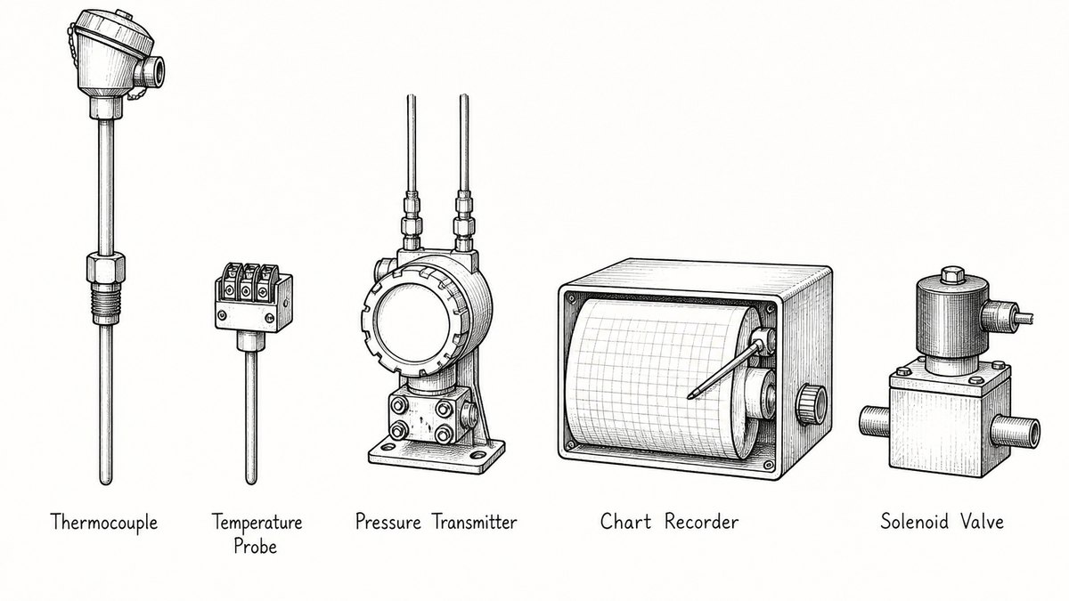 Thermal oxidizer instruments drawn as a pen and ink engineering plate with a label under each: a long sheathed thermocouple probe with a terminal head and threaded fitting, a shorter temperature probe with a terminal block, a differential pressure transmitter on a bracket with two impulse tubes, a chart recorder with a paper roll and one pen arm, and a solenoid valve block with a coil on top