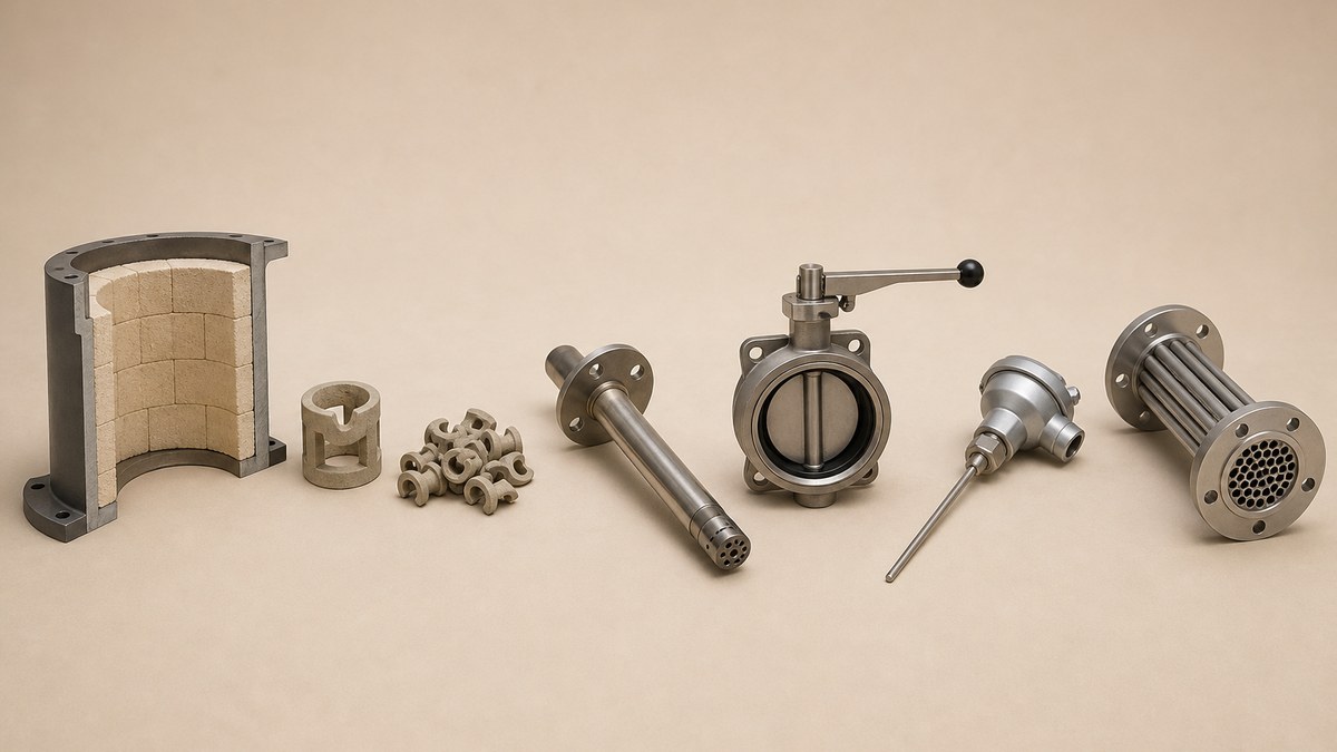 Thermal oxidizer cover image showing a refractory lined combustion chamber section, a heap of ceramic saddle packing, a few ceramic media pieces, a burner lance, a butterfly valve, a sheathed thermocouple probe and a short tube bundle on a warm beige studio surface