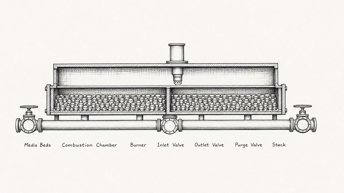 A two bed regenerative thermal oxidizer drawn as a pen and ink engineering plate: a wide low vessel split into two chambers each holding a bed of ceramic shapes, a shallow combustion chamber above with a single burner, and below the beds a horizontal duct carrying an inlet valve, an outlet valve and a purge valve, with a short stack