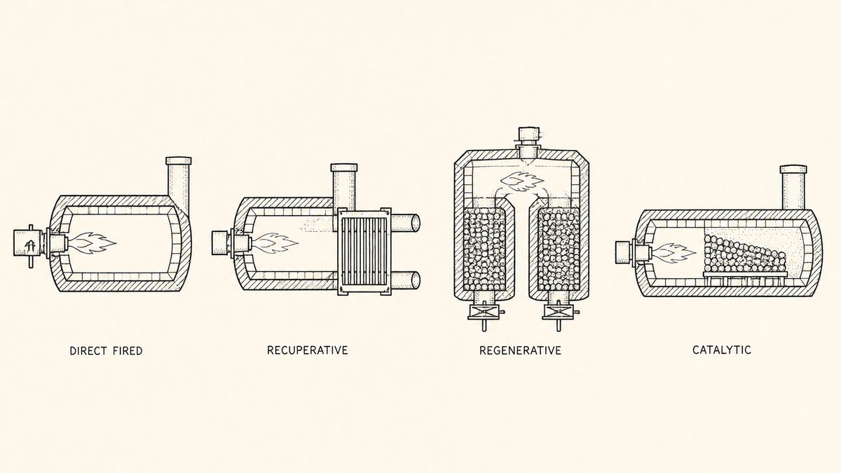 Four thermal oxidizer designs drawn in a row as a pen and ink engineering plate: a direct fired unit with the burner firing into the lined chamber, a recuperative unit with a shell and tube exchanger on the exhaust, a regenerative unit drawn as a vertical vessel split into two ceramic beds with a burner above, and a catalytic unit with the flame reaching a bed of catalyst shapes inside the chamber
