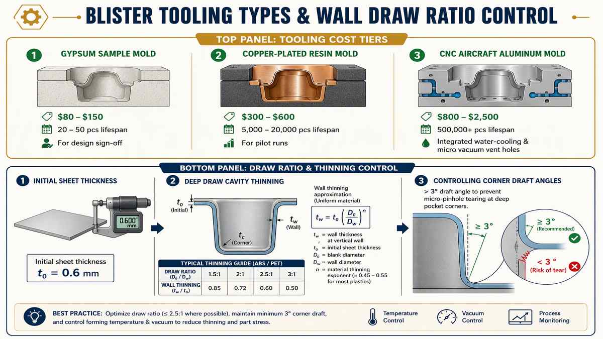 Blister Tooling Types and Wall Draw Ratio Control Infographic