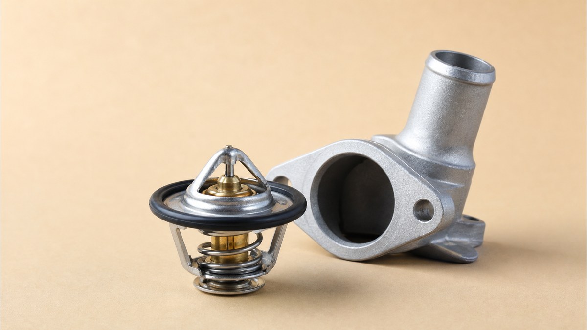 Coolant thermostat with wax-pellet actuator, return spring and rubber seal