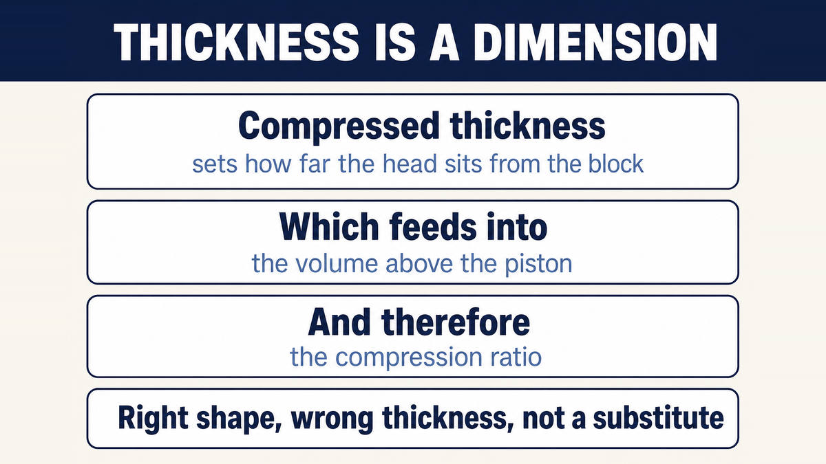 The compressed thickness of a head gasket sets the distance from head to block, which feeds into the volume above the piston and therefore the compression ratio