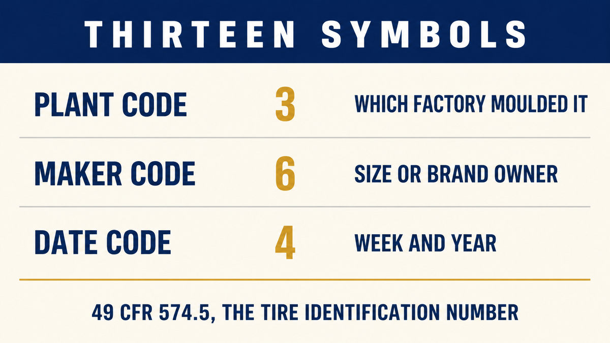 An infographic titled Thirteen Symbols showing the plant code at three symbols, the maker code at six and the date code at four, captioned as the tire identification number under 49 CFR 574.5