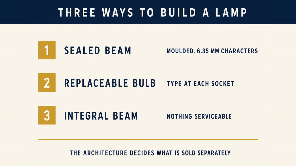 An infographic comparing three headlamp architectures, a sealed beam with moulded characters at least six point three five millimetres high, a replaceable bulb headlamp with the type marked in front of each socket, and a sealed optical unit with nothing serviceable inside