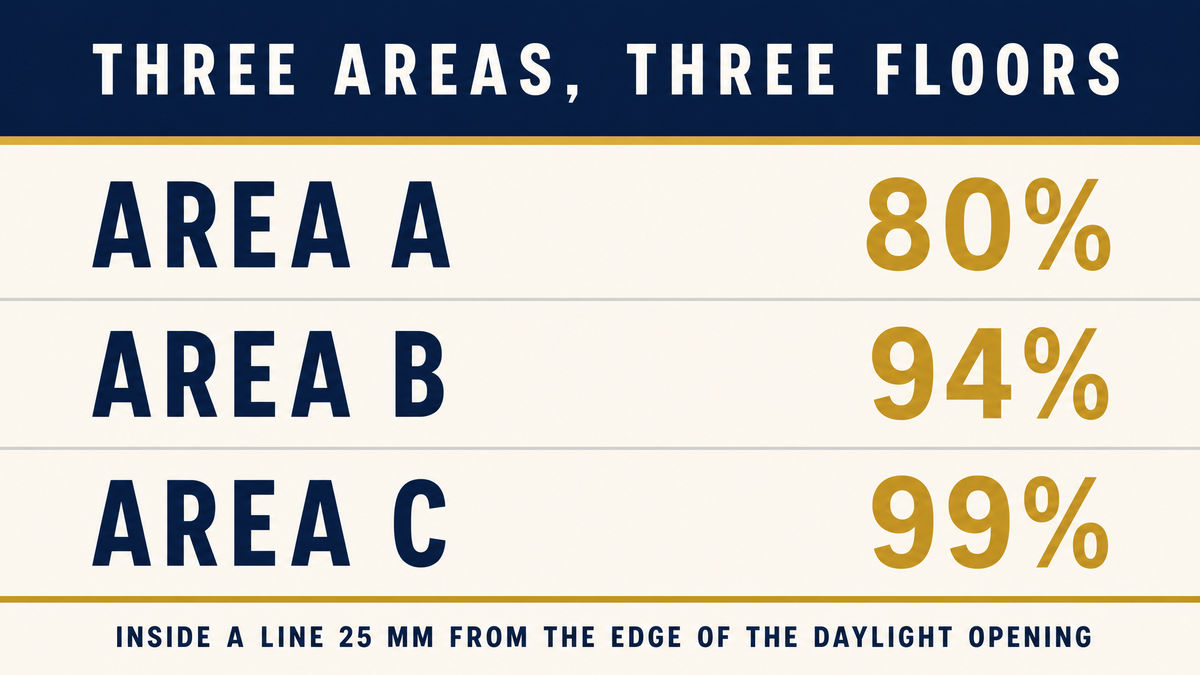 An infographic titled Three Areas, Three Floors showing Area A at 80 per cent, Area B at 94 per cent and Area C at 99 per cent above a caption reading inside a line 25 mm from the edge of the daylight opening