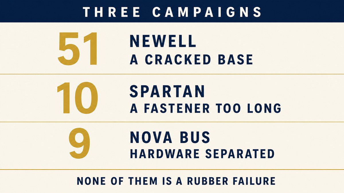 Three air spring campaigns: fifty one coaches with a cracked base, ten vehicles with a protruding fastener, nine buses with separated hardware