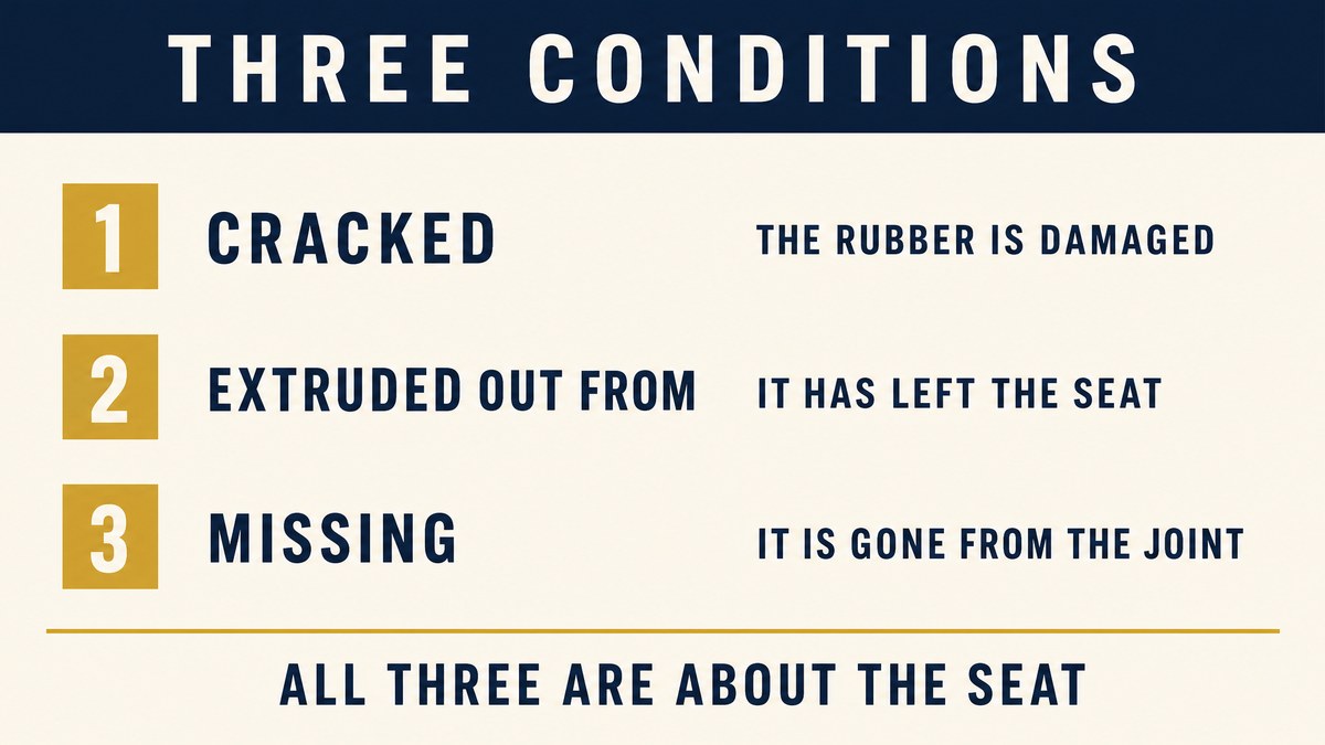 Three conditions from the inspection clause: cracked rubber, rubber extruded past the shell, rubber missing from the joint
