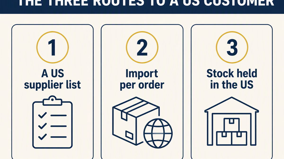 The three fulfilment routes for serving US customers: a US supplier list, importing per order, and sourcing in China with stock held in a US warehouse