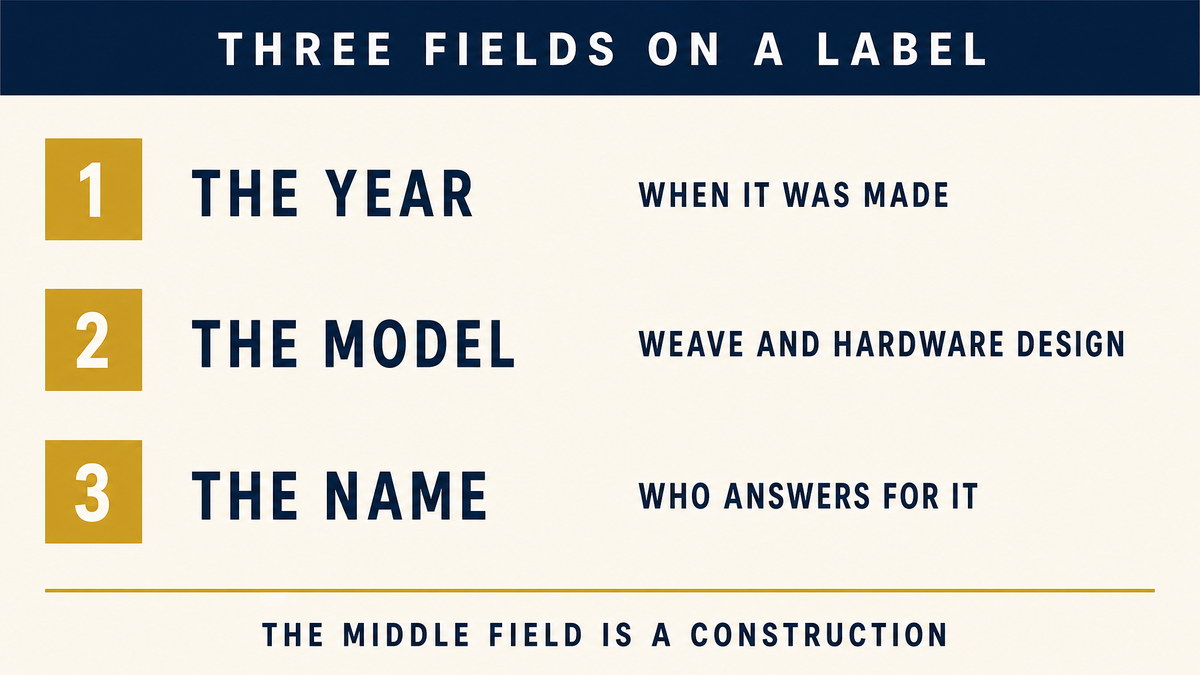 Three fields on a seat belt label: year of manufacture, model, and the name or trademark, with the model defined as a combination of weave and hardware design