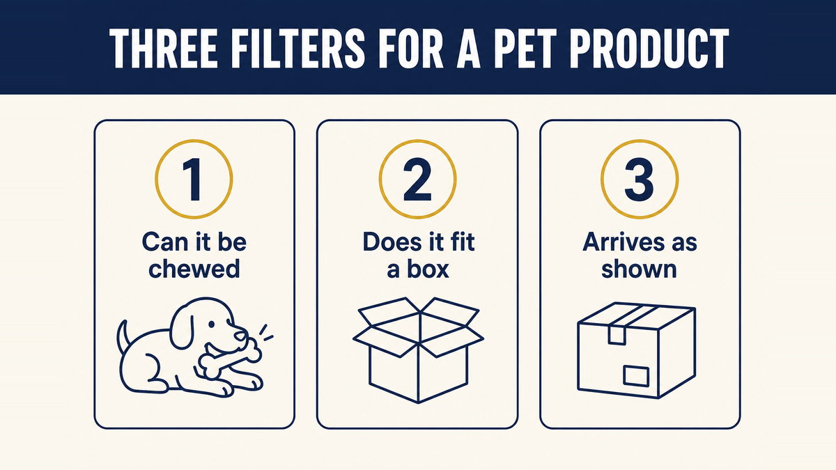 Three filters applied to a pet product idea: can it survive being chewed, does it fit a small parcel, and will it arrive in good condition