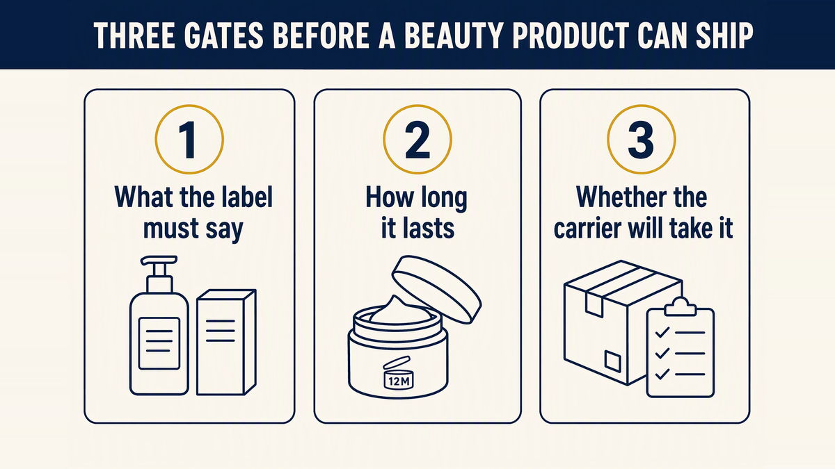 The three gates a beauty product must pass before it can be dropshipped: the label, the date and the carrier